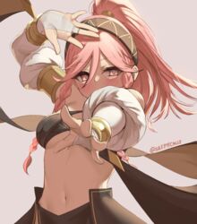  braid bridal_gauntlets commentary female fire_emblem fire_emblem_awakening hairband long_hair olivia_(fire_emblem) olivia_(performing_arts)_(fire_emblem) pink_eyes pink_hair ponytail simple_background skeptycally solo twin_braids twitter_username upper_body 