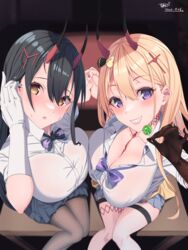  2girls absurdres artist_name azur_lane bad_id bad_pixiv_id black_hair blonde_hair blue_bow blue_bowtie blue_eyes blue_skirt bow bowtie breasts candy cardigan cardigan_around_waist cleavage clothes_around_waist cross_hair_ornament dated elbow_gloves food gloves gyaru hair_between_eyes hair_ornament hand_on_own_ear highres holding holding_candy holding_food holding_hands horns interlocked_fingers kumano_(azur_lane) large_breasts lollipop looking_at_viewer multiple_girls oni_horns pantyhose partially_unbuttoned pleated_skirt pov purple_bow purple_bowtie red_horns school_uniform serafuku sharp_teeth single_elbow_glove single_glove sitting skirt smile sunebu_(snake_boo2) suzuya_(azur_lane) teeth thigh_strap white_gloves yellow_eyes 