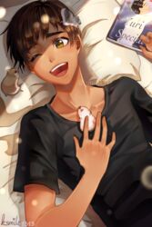  1boy ;d absurdres animal animal_on_chest artist_name black_shirt book brown_hair collarbone day facing_viewer hamster highres indoors katsuki_yuuri ksmile1313 laughing lying male_focus on_back on_bed one_eye_closed open_mouth phichit_chulanont pillow shirt smile solo t-shirt twitter_username yellow_eyes yuri!!!_on_ice 