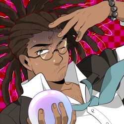  1boy bad_id bad_twitter_id black_jacket bracelet brown_eyes brown_hair checkered_background collarbone collared_shirt commentary danganronpa_(series) danganronpa_3_(anime) dark-skinned_male dark_skin dress_shirt facial_hair formal frown glasses hagakure_yasuhiro hand_up holding jacket jewelry long_hair long_sleeves looking_at_viewer male_focus moosopp necktie one_eye_closed round_eyewear shirt solo stubble suit sweat symbol-only_commentary white_shirt 