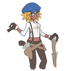  blonde_hair blue_eyes breasts cabbie_hat call_(red_ash) commentary_request crop_top dark-skinned_female dark_skin female gloves gun hat holster long_hair looking_at_viewer midriff muu_(mumumer) red_ash simple_background smile solo suspenders weapon white_background 