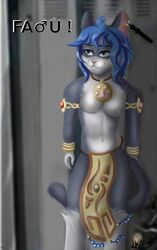  absurd_res anthro blue_eyes blue_hair cat_(wenqu0304) detailed_background digital_media_(artwork) ear_piercing fur gender_symbol grey_body grey_fur hair hi_res humanoid_hands jewelry locker male male_symbol navel necklace nipples piercing signature smile solo standing symbol text wenqu0304 white_body white_fur 