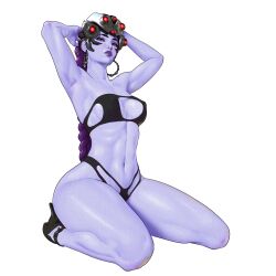  absurdres arm_tattoo armpits bikini black_bikini braid breasts colored_skin earrings female galaad1800 head-mounted_display high_heels highres hoop_earrings jewelry kneeling long_hair looking_at_viewer navel overwatch purple_hair purple_lips purple_skin sideboob swimsuit tattoo thick_thighs thighs toned toned_female widowmaker_(overwatch) 