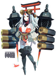  absurdres android black_hair boots character_name clenched_hands closed_mouth colored_skin eyeshadow facial_mark female full_body hand_on_own_chest highres horns hug joints kamigakari_(trpg) komainu kometsubu leotard makeup mecha_musume original parted_bangs red_eyeshadow red_horns red_leotard red_pupils robot_joints rope shide shimenawa short_eyebrows short_hair signature simple_background solo stone_lantern thigh_boots torii white_background white_skin yellow_eyes 