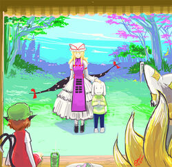  1boy 3girls animal_ears animal_hat asriel_dreemurr black_footwear blonde_hair blue_pants blue_sky bow brown_hair cat_ears cat_tail chen cloud commentary crossover cup dated day dress flying_sweatdrops forest fox_tail from_behind furry gap_(touhou) gapangman good_end grass green_hat hairbow hat hat_ribbon height_difference long_hair mob_cap mountain multiple_girls multiple_tails nature nekomata outdoors pants photoshop_(medium) plate red_dress red_eyes ribbon shirt shoes short_dress sidelocks signature silhouette sitting sky sleeveless sleeveless_dress smile solid_oval_eyes spoilers standing striped_clothes striped_shirt tabard tail teacup touhou tree two_tails undertale white_dress yakumo_ran yakumo_yukari 