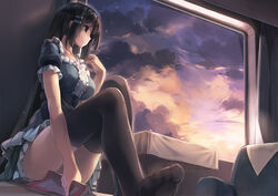  black_eyes black_hair black_thighhighs book breasts china_railway_girl cloud commentary convenient_censoring dress female huanxiang_huifeng large_breasts legs long_hair original personification photoshop_(medium) saionji_rin_(crh380b) sitting sky solo sunset thighhighs very_long_hair window 