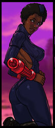  afro ass back back_cutout black_hair blue_pantyhose border bracer breasts clothing_cutout commentary dark-skinned_female dark_skin english_commentary female ganassa garrison_cap hat highres kneeling large_breasts leotard pantyhose photoshop_(medium) ribbed_leotard santamu short_hair solo street_fighter street_fighter_zero_(series) very_dark_skin 