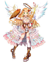  :p angel angel_wings blush boots breasts brown_footwear candy chocolate closed_mouth clothing_cutout commentary_request doughnut dress feathered_wings female food frilled_dress frills full_body green_eyes hair_ornament hairclip halo highres holding holding_weapon jewelry knife long_hair looking_at_viewer medium_breasts miemia navel_cutout necklace official_art open_clothes open_dress orange_hair pearl_necklace pigeon-toed pink_dress royal_flush_heroes simple_background smile solo standing thighhighs tongue tongue_out weapon white_background white_thighhighs wings 