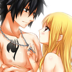  1boy blonde_hair blush commentary_request couple cross crossed_arms eye_contact fairy_tail female gray_fullbuster hair_down jewelry long_hair looking_at_another lucy_heartfilia necklace straight strib_und_werde tattoo topless topless_male 