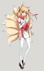  animal_ears arm_at_side bad_id bad_pixiv_id blonde_hair detached_sleeves dress female fox_ears fox_tail hand_on_own_chest japanese_clothes lowleg lowleg_panties multiple_tails open_mouth original panties personification photoshop_(medium) platform_footwear platform_heels red_eyes sample_watermark shoes short_dress short_hair short_twintails side_slit smile solo syno tail thighhighs twintails underwear watermark white_dress white_thighhighs 