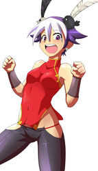  :d animal animal_on_head bare_shoulders bird bird_on_head black_hair blush breasts chinese_clothes commentary_request covered_navel earrings female feng_(skullgirls) highres jewelry looking_at_viewer lowleg lowleg_pants multicolored_hair on_head open_mouth pants purple_eyes shadowbug_x short_hair simple_background skin_tight skullgirls small_breasts smile solo two-tone_hair vambraces white_background white_hair wrist_guards 