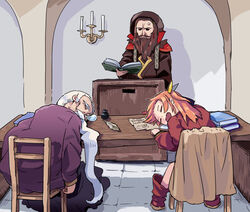  2boys 3678177 anger_vein barbastoff_(sennen_sensou_aigis) beard black_robe book brown_hair candle chair commentary_request cyrus_(sennen_sensou_aigis) facial_hair female hood indoors inkwell lectern mehlis_(sennen_sensou_aigis) moustache multiple_boys nose_bubble open_book open_mouth orange_hair quill robe sennen_sensou_aigis sitting sleeping table white_hair 