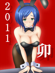  2011 animal_ears bad_id bad_pixiv_id blue_hair breasts cleavage female green_eyes kashiwagi_haruko medium_breasts muv-luv pantyhose playboy_bunny rabbit_ears saitou_kawashi short_hair solo 