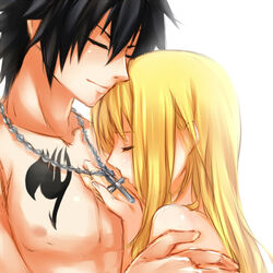  1boy blonde_hair closed_eyes commentary_request couple cross fairy_tail female gray_fullbuster hair_down hug jewelry light_smile long_hair lucy_heartfilia necklace straight strib_und_werde tattoo topless topless_male 