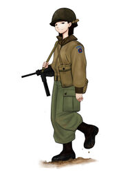  10th_mountain_division boots combat_helmet commentary_request emblem female full_body gun helmet highres komii looking_at_viewer m1_helmet m3_submachine_gun military military_uniform mud original simple_background soldier solo submachine_gun uniform united_states united_states_army walking weapon white_background world_war_ii 