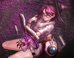  backpack bad_id bad_pixiv_id bag book bracelet breasts claws closed_mouth cowboy_shot darkness dress earrings eyelashes female floating floating_book floating_object glasses grimoire hand_up hat jewelry large_breasts looking_at_viewer magic_circle original purple-framed_eyewear purple_eyes purple_hair purple_hat ribbed_dress ribbed_sweater short_dress short_hair short_sleeves sleeves_rolled_up solo sweater sweater_dress tamidro turtleneck witch witch_hat 