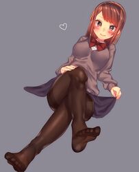  bad_id bad_twitter_id blue_skirt blush bow bowtie breasts brown_eyes brown_hair brown_pantyhose closed_mouth collared_shirt commentary_request crossed_legs dutch_angle feet female full_body grey_background grey_sweater heart highres long_hair long_sleeves looking_at_viewer medium_breasts mozu_1oo no_shoes pantyhose red_bow red_bowtie shirt simple_background skirt skirt_hold smile soles solo sweater swept_bangs thighband_pantyhose toenails white_shirt 