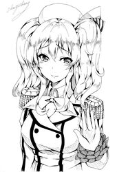  bad_id bad_pixiv_id beret blush collar epaulettes eyebrows female greyscale hair_between_eyes hat highres kantai_collection kashima_(kancolle) long_sleeves looking_at_viewer monochrome neckerchief short_hair short_twintails signature simple_background smile solo traditional_media twintails wavy_hair white_background z-jun.dd-zhong 