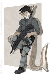  2017 5_fingers anthro black_hair boots brown_eyes clothed clothing digital_media_(artwork) discardingsabot fin fingers fish footwear gun hair hk416 holding_gun holding_object holding_ranged_weapon holding_weapon jacket knee_pads leaning looking_at_viewer male marine plantigrade ranged_weapon requiem_shark sabot_sauer scalie shark simple_background smile solo soryane standing stripes tiger_shark topwear trigger_discipline uniform weapon 