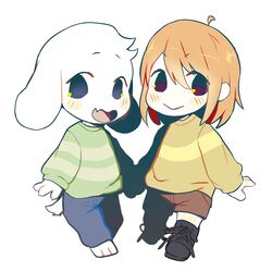  1:1 asriel_dreemurr boots boss_monster_(undertale) bovid caprine chara_(undertale) clothing conditional_dnp crybleat duo footwear happy human lolicon mammal simple_background stripes undertale undertale_(series) young 