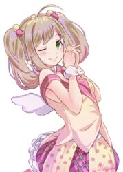  bad_id bad_twitter_id blonde_hair blush female green_eyes hair_ornament highres idolmaster idolmaster_cinderella_girls one_eye_closed plaid polka_dot sato_shin short_hair smile solo twintails wings yanagita_kousuke 