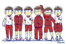  6+boys :&lt; :3 arm_up bad_id bad_twitter_id brothers brown_hair closed_eyes clothes_around_waist gym_shirt gym_shorts gym_uniform hands_in_pockets heart heart_in_mouth high_contrast jacket jacket_around_waist jitome lineup male_focus matsuno_choromatsu matsuno_ichimatsu matsuno_jyushimatsu matsuno_karamatsu matsuno_osomatsu matsuno_todomatsu messy_hair multiple_boys osomatsu-kun osomatsu-san osomatsu_(series) pulaco sextuplets shirt shorts siblings simple_background sleeves_past_wrists smile track_jacket track_suit twitter_username white_background 