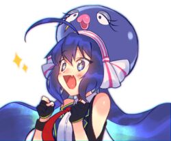  :d ahoge animal_hat bad_id bad_twitter_id bare_shoulders black_gloves blue_eyes blue_hair blush commentary eel_hat female fingerless_gloves gloves hat long_hair mozu_1oo necktie open_mouth otomachi_una otomachi_una_(spicy) red_necktie simple_background smile solo sparkle star-shaped_pupils star_(symbol) symbol-shaped_pupils vest vocaloid white_background 