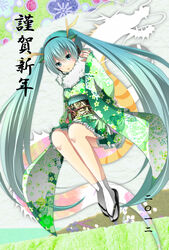  2012 aqua_eyes aqua_hair commentary_request dragon female green_kimono hatsune_miku headset japanese_clothes kimono long_hair new_year solo tsujiori twintails very_long_hair vocaloid 