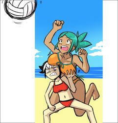  2girls aqua_hair barefoot beach_volleyball bikini black_hair blush breast_envy breast_rest breasts breasts_on_head cerebella_(skullgirls) clenched_teeth commentary_request feng_(skullgirls) front-tie_bikini_top front-tie_top grabbing grabbing_another&#039;s_breast large_breasts long_hair multicolored_hair multiple_girls navel orange_bikini ponytail red_bikini shadowbug_x short_hair skullgirls small_breasts swimsuit tankini teeth two-tone_hair unaligned_breasts volleyball white_hair 