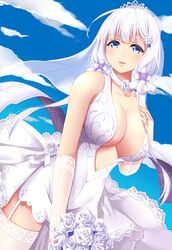  ako_suke azur_lane bare_shoulders blue_eyes blue_sky blunt_bangs blush bouquet breasts bridal_gauntlets bridal_veil center_opening choker cleavage cloud collarbone commentary_request cowboy_shot day dress dutch_angle female flower garter_straps hand_on_own_chest highres holding holding_bouquet illustrious_(azur_lane) illustrious_(morning_star_of_love_and_hope)_(azur_lane) jewelry large_breasts looking_at_viewer low_twintails mole mole_under_eye official_alternate_costume outdoors ring rose sky sleeveless sleeveless_dress solo tareme thighhighs tiara twintails veil wedding_dress wedding_ring white_dress white_flower white_hair white_rose white_thighhighs zettai_ryouiki 