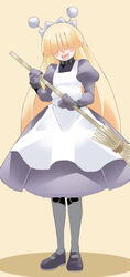  android antennae apron blonde_hair broom commentary_request dress female full_body hair_over_eyes highres long_hair maid maid_apron maid_headdress open_mouth pantyhose ryu3224 shoes smile solo tesse waku_waku_7 