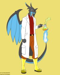  anthro belt bottomwear burning chemicals chemistry clothed clothing coat cornchip21 dragon fire flaming_tail flask fully_clothed generation_6_pokemon hi_res horn lab_coat male marauder6272 mega_charizard mega_charizard_x mega_evolution mythological_creature mythological_scalie mythology nintendo pants pokemon pokemon_(species) scalie science shirt simple_background solo tail topwear trenchbound wings 