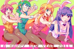  2011 4girls @_@ animal_ears blue_eyes breasts brown_hair commentary_request glasses gokou_ruri grabbing grabbing_another&#039;s_breast green_hair happy_new_year hiroaki_(hiropon_pj) kousaka_kirino long_hair makishima_saori medium_breasts mole mole_under_eye multiple_girls orange_hair ore_no_imouto_ga_konna_ni_kawaii_wake_ga_nai pantyhose playboy_bunny purple_hair rabbit_ears red_eyes short_hair stool tamura_manami twintails 