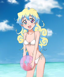  ball beach beachball bikini blue_sky cloud commentary_request cross-shaped_pupils day female front-tie_top long_hair looking_at_viewer multicolored_hair navel nia_teppelin outdoors side-tie_bikini_bottom sky smile solo supinosu swimsuit symbol-shaped_pupils tengen_toppa_gurren_lagann two-tone_hair water white_bikini 