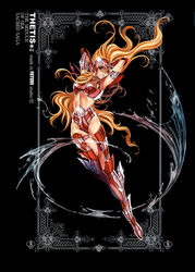  armor armored_boots black_background blonde_hair boots female future_studio_(artist) highres long_hair mermaid_thetis purple_eyes saint_seiya solo very_long_hair water 