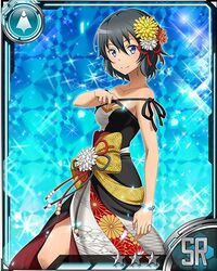  bad_source bare_shoulders black_hair blue_eyes card_(medium) collarbone dress female flower hair_between_eyes hair_flower hair_ornament hair_ribbon official_art philia_(sao) philia_(sao-alo) red_ribbon ribbon short_hair smile solo sword_art_online sword_art_online:_code_register yellow_flower 