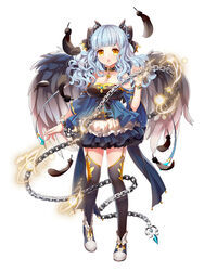  :o bare_shoulders black_choker black_ribbon black_thighhighs blue_dress blue_hair blunt_bangs bracelet chains choker commentary_request curly_hair dress feathered_wings feathers female frilled_skirt frills full_body hair_ribbon hand_up highres jewelry long_hair long_sleeves looking_at_viewer miemia official_art parted_lips ribbon royal_flush_heroes shoes simple_background skirt solo standing thighhighs white_background wings yellow_eyes 