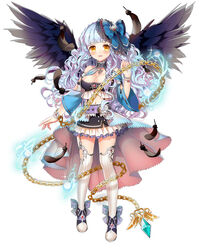  bare_shoulders black_choker blue_dress blue_hair blue_ribbon blunt_bangs bracelet chains choker commentary_request curly_hair dress feathered_wings female frilled_skirt frills full_body hair_ribbon highres jewelry long_hair looking_at_viewer miemia official_art parted_lips ribbon royal_flush_heroes shoes simple_background skirt smile solo spread_wings standing thighhighs white_background white_thighhighs wings yellow_eyes 