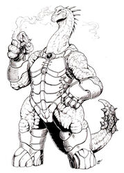  anthro armor boots brachio brachiosaurid brachiosaurus cigar clothed clothing dinosaucers dinosaur extinct footwear gloves handwear kaijusamurai legwear male muscular muscular_anthro muscular_male prehistoric_species reptile sauropod sauropodomorph scales scalie simple_background smoke smoking solo spikes 