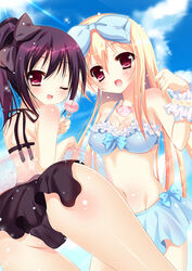  2girls :d ;d ass bikini bikini_skirt blonde_hair blue_bikini blue_sky bow breasts cleavage commentary_request day food frilled_bikini frills hairbow himemiya_niina innertube jewelry long_hair macaron medium_breasts multiple_girls necklace one_eye_closed open_mouth original photoshop_(medium) pink_eyes ponytail purple_hair sky smile swim_ring swimsuit 