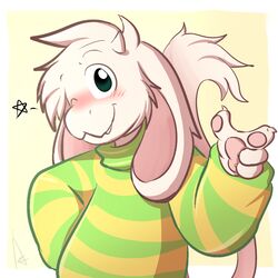  1:1 anthro asriel_dreemurr azenzeph blush boss_monster_(undertale) bovid caprine fangs fur goat horn lolicon long_ears mammal one_eye_closed simple_background solo star star_wink stripes teeth undertale undertale_(series) white_body white_fur wink young 