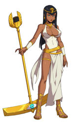  alternate_costume alternate_hair_length alternate_hairstyle asymmetrical_clothes bad_id bad_pixiv_id black_hair blue_eyes bracer breasts cleavage dark-skinned_female dark_skin dress earrings egyptian egyptian_clothes eliza_(skullgirls) female fingernails full_body ganno highleg highleg_dress highres jewelry large_breasts long_hair looking_at_viewer microphone_stand necklace photoshop_(medium) sandals sharp_fingernails skullgirls solo tiara uraeus white_background white_dress 