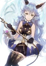  animal_ears bad_id bad_pixiv_id black_gloves black_thighhighs blue_hair dress earrings erune female ferry_(granblue_fantasy) gloves granblue_fantasy holding jewelry khj long_hair momo_(granblue_fantasy) simple_background single_earring sleeveless sleeveless_dress smile solo thighhighs wavy_hair whip white_background yellow_eyes 