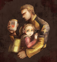  1boy animification backpack bag blonde_hair chuck_greene commentary_request dead_rising dead_rising_2 father_and_daughter female headphones hug jacket jar katey_greene nishi_yukari 