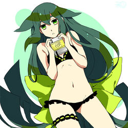  bare_shoulders bikini black_bikini black_bra black_panties bow bra collarbone female frilled_bikini frills gatchaman gatchaman_crowds green_eyes green_hair large_bow leg_garter long_hair panties ribbon solo swimsuit underwear utsutsu very_long_hair 