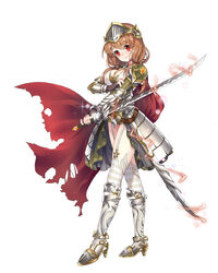  armor armored_dress black_gloves blush boots breasts brown_hair cape commentary_request electricity faulds female fingerless_gloves full_body gloves greaves grey_thighhighs highres holding holding_sword holding_weapon knee_boots long_hair looking_at_viewer medium_breasts miemia official_art pauldrons red_cape red_eyes royal_flush_heroes sheath shoulder_armor simple_background smile solo sword thighhighs torn_cape torn_clothes visor_(armor) weapon white_background 