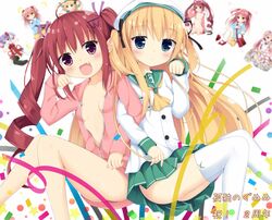  2girls :&lt; :d ahoge anniversary bad_id bad_pixiv_id blonde_hair blue_eyes blush borrowed_character bottomless breasts confetti congratulations drill_hair hair_ornament hairclip hat hazuki_watora hood hoodie kanimusume_(kani_biimu) maccha mikane_sebiri multiple_girls naked_hoodie no_panties oerba_yun_fang open_clothes open_hoodie open_mouth original pink_eyes red_hair school_uniform serafuku shimotsuki_potofu skirt small_breasts smile thighhighs twin_drills twintails two_side_up unzipped white_legwear 