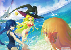  3girls azuma_hatsumi azuma_hazuki beach bikini bird blonde_hair blue_eyes blue_hair braid brown_eyes brown_hair commentary_request day hat ken-chan lilith_(yamibou) long_hair multiple_girls one-piece_swimsuit outdoors photoshop_(medium) purple_eyes school_swimsuit seagull swimsuit witch_hat yami_to_boushi_to_hon_no_tabibito yu_li 