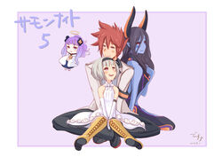  1boy 3girls absurdres bare_shoulders black_hairband blue_skin blush boots bow brown_footwear butterfly_sitting chibi colored_skin commentary_request cross-laced_footwear cyda_afrarn demon_girl densuke_(artist) densuke_(dennou_coil) dress elbow_gloves fingerless_gloves flootier folth gloves hairband halo highres horns knee_boots lace-up_boots long_hair looking_at_another looking_back multiple_girls oerba_yun_fang pout purple_eyes purple_hair red_eyes short_hair sitting sitting_on_lap sitting_on_person smile spinel_(summon_night) summon_night summon_night_5 v_arms white_bow white_dress white_gloves 