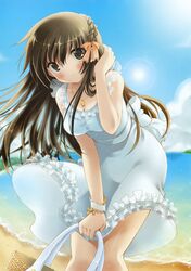  absurdres beach blush bow bracelet braid breasts cleavage day dress female frills hair_ribbon hairbow highres jewelry lens_flare long_hair looking_at_viewer medium_breasts megami_magazine megami_magazine_creators necklace outdoors pan_(mimi) ribbon scan solo sundress white_dress 